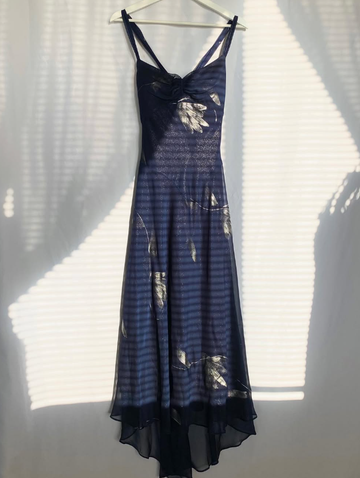 Charming Print Floral A Line Spaghetti Strap Navy Blue Chiffon Homecoming Dress Party Dress HZ1023